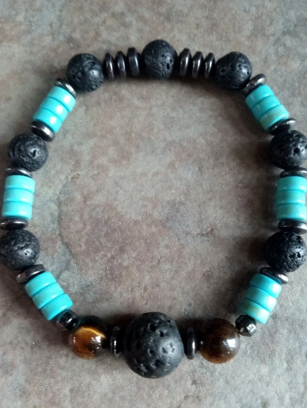 Men's Turquoise & Black Lava Bead Stretch Bracelet - Unbranded